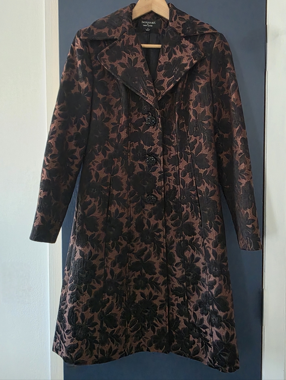 Like New! Gorgeous! Larry Levine Black & Brown-Copper Floral Jacquard Long Coat